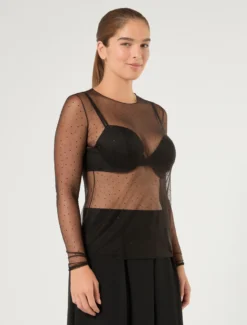 T-shirt in tulle con strass - NERO
