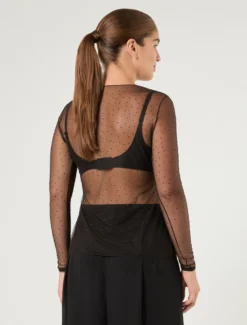 T-shirt in tulle con strass - NERO